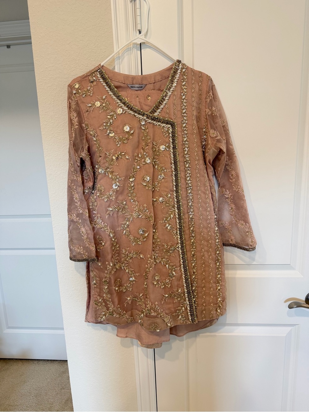 Embroidered Peach and Gold Wedding Tunic Dress for Women